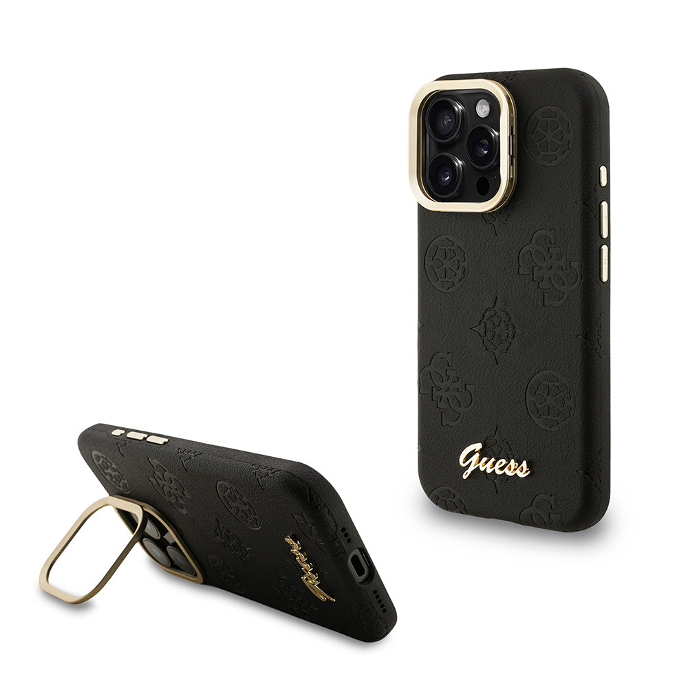 iPhone 15 Pro Max Kılıf Guess Orjinal Lisanslı M-safe Şarj Özellikli Sıcak Baskılı Yazı Logolu Kamera Standlı PU Deri Peony Kapak