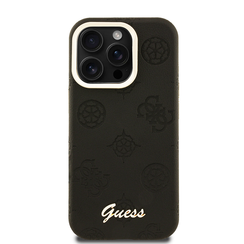 iPhone 15 Pro Max Kılıf Guess Orjinal Lisanslı M-safe Şarj Özellikli Sıcak Baskılı Yazı Logolu Kamera Standlı PU Deri Peony Kapak