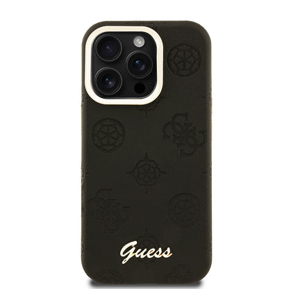 iPhone 15 Pro Max Kılıf Guess Orjinal Lisanslı M-safe Şarj Özellikli Sıcak Baskılı Yazı Logolu Kamera Standlı PU Deri Peony Kapak