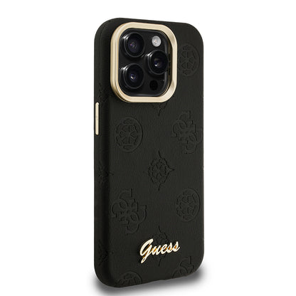 iPhone 15 Pro Max Kılıf Guess Orjinal Lisanslı M-safe Şarj Özellikli Sıcak Baskılı Yazı Logolu Kamera Standlı PU Deri Peony Kapak