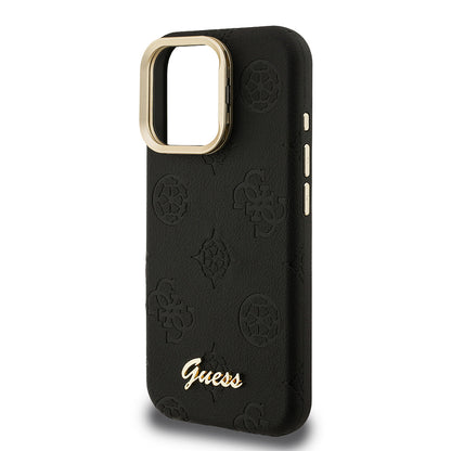 iPhone 15 Pro Max Kılıf Guess Orjinal Lisanslı M-safe Şarj Özellikli Sıcak Baskılı Yazı Logolu Kamera Standlı PU Deri Peony Kapak