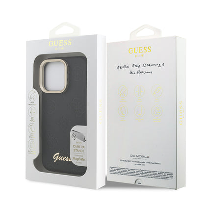 iPhone 15 Pro Max Kılıf Guess Orjinal Lisanslı M-safe Şarj Özellikli Sıcak Baskılı Yazı Logolu Kamera Standlı PU Deri Peony Kapak
