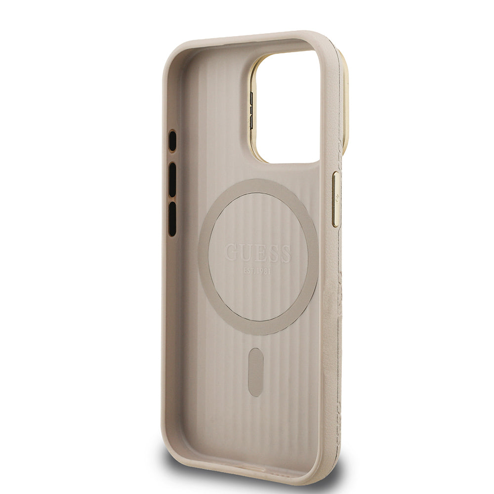 iPhone 15 Pro Max Kılıf Guess Orjinal Lisanslı M-safe Şarj Özellikli Sıcak Baskılı Yazı Logolu Kamera Standlı PU Deri Peony Kapak