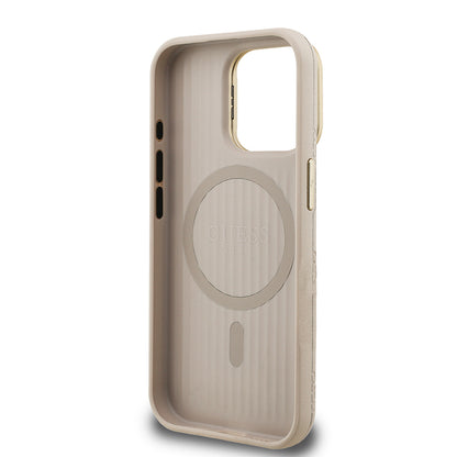 iPhone 15 Pro Max Kılıf Guess Orjinal Lisanslı M-safe Şarj Özellikli Sıcak Baskılı Yazı Logolu Kamera Standlı PU Deri Peony Kapak