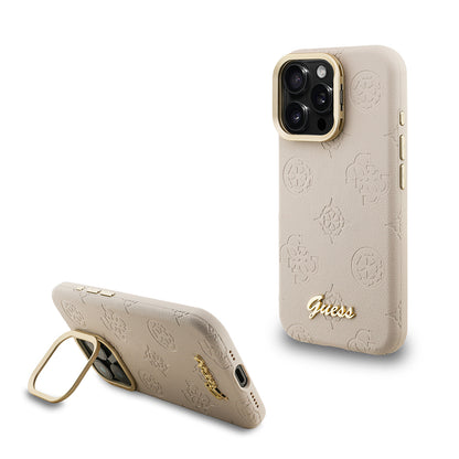 iPhone 15 Pro Max Kılıf Guess Orjinal Lisanslı M-safe Şarj Özellikli Sıcak Baskılı Yazı Logolu Kamera Standlı PU Deri Peony Kapak