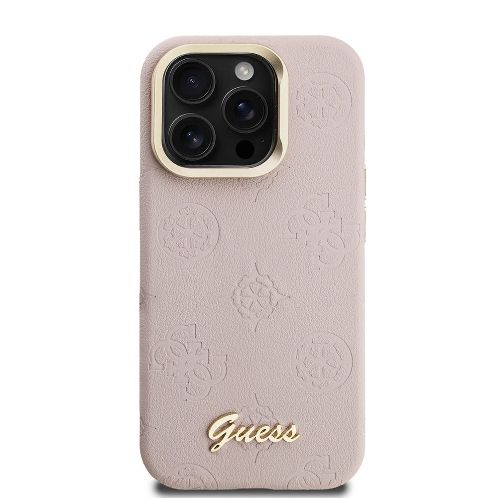 iPhone 15 Pro Max Kılıf Guess Orjinal Lisanslı M-safe Şarj Özellikli Sıcak Baskılı Yazı Logolu Kamera Standlı PU Deri Peony Kapak