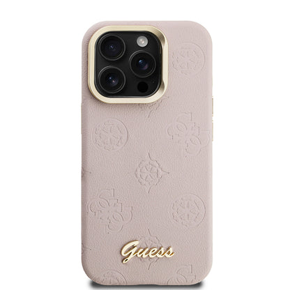 iPhone 15 Pro Max Kılıf Guess Orjinal Lisanslı M-safe Şarj Özellikli Sıcak Baskılı Yazı Logolu Kamera Standlı PU Deri Peony Kapak