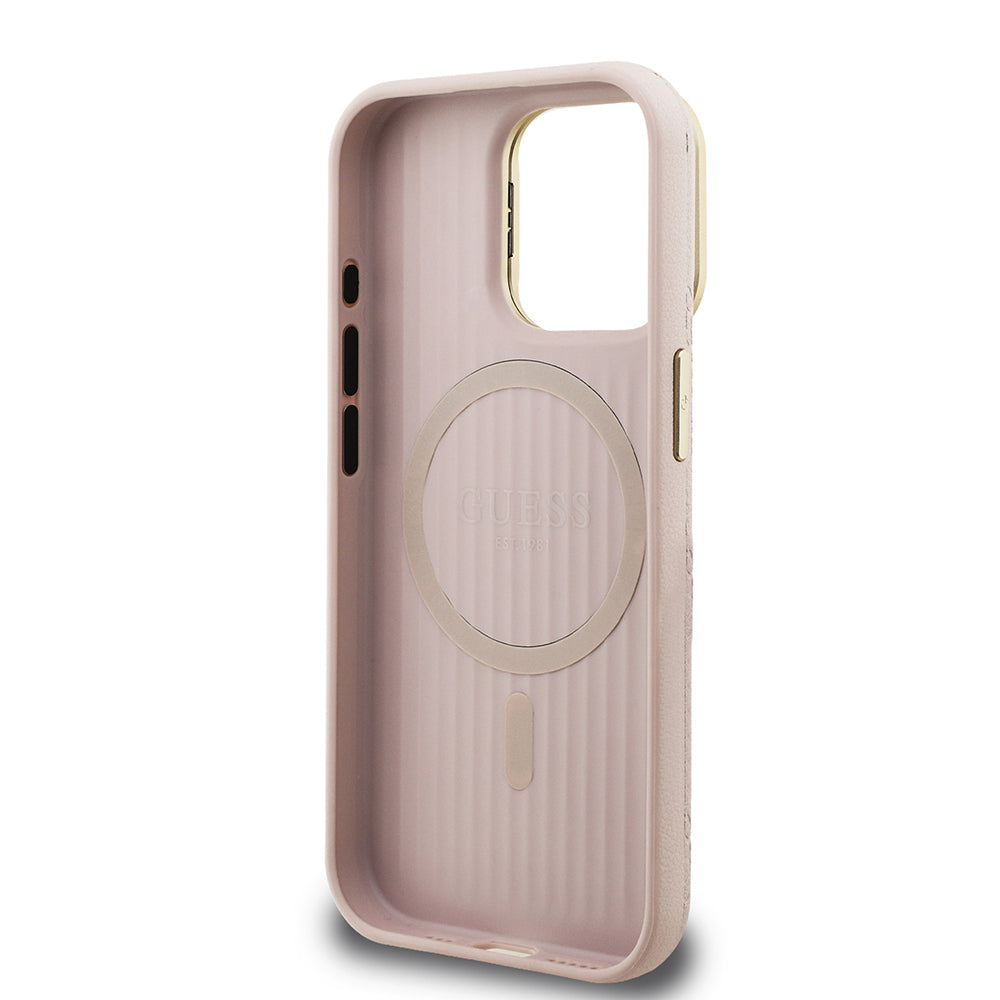 iPhone 15 Pro Max Kılıf Guess Orjinal Lisanslı M-safe Şarj Özellikli Sıcak Baskılı Yazı Logolu Kamera Standlı PU Deri Peony Kapak
