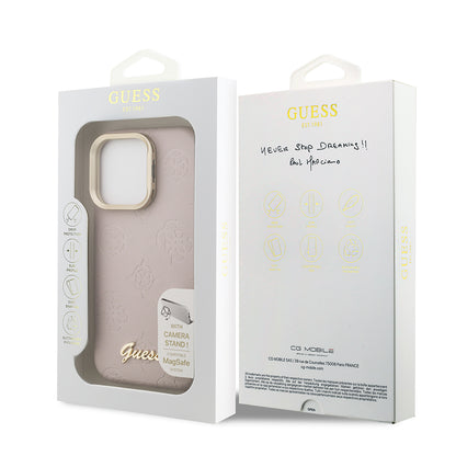 iPhone 15 Pro Max Kılıf Guess Orjinal Lisanslı M-safe Şarj Özellikli Sıcak Baskılı Yazı Logolu Kamera Standlı PU Deri Peony Kapak