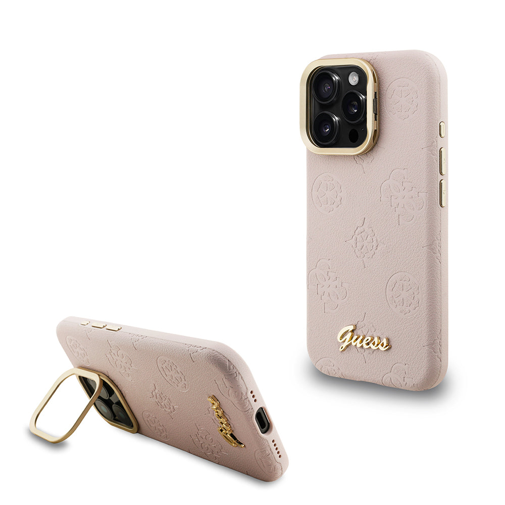 iPhone 15 Pro Max Kılıf Guess Orjinal Lisanslı M-safe Şarj Özellikli Sıcak Baskılı Yazı Logolu Kamera Standlı PU Deri Peony Kapak