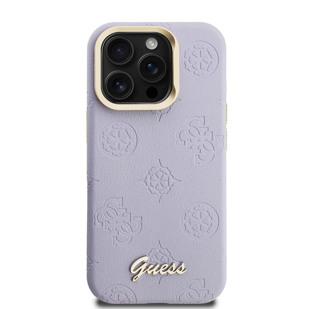 iPhone 15 Pro Max Kılıf Guess Orjinal Lisanslı M-safe Şarj Özellikli Sıcak Baskılı Yazı Logolu Kamera Standlı PU Deri Peony Kapak