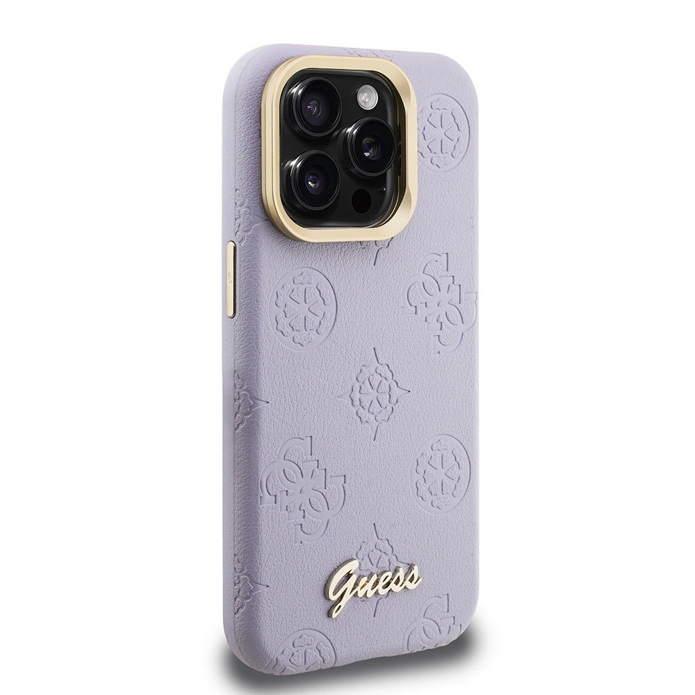 iPhone 15 Pro Max Kılıf Guess Orjinal Lisanslı M-safe Şarj Özellikli Sıcak Baskılı Yazı Logolu Kamera Standlı PU Deri Peony Kapak