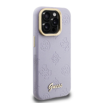 iPhone 15 Pro Max Kılıf Guess Orjinal Lisanslı M-safe Şarj Özellikli Sıcak Baskılı Yazı Logolu Kamera Standlı PU Deri Peony Kapak