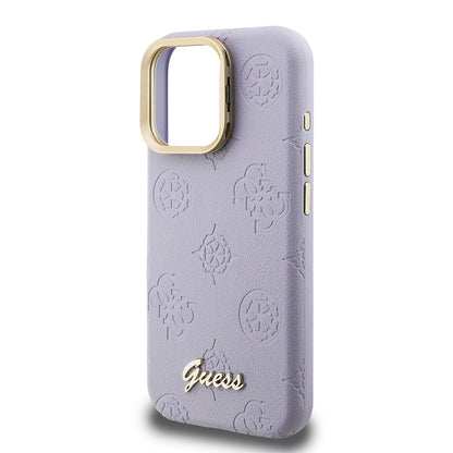 iPhone 15 Pro Max Kılıf Guess Orjinal Lisanslı M-safe Şarj Özellikli Sıcak Baskılı Yazı Logolu Kamera Standlı PU Deri Peony Kapak