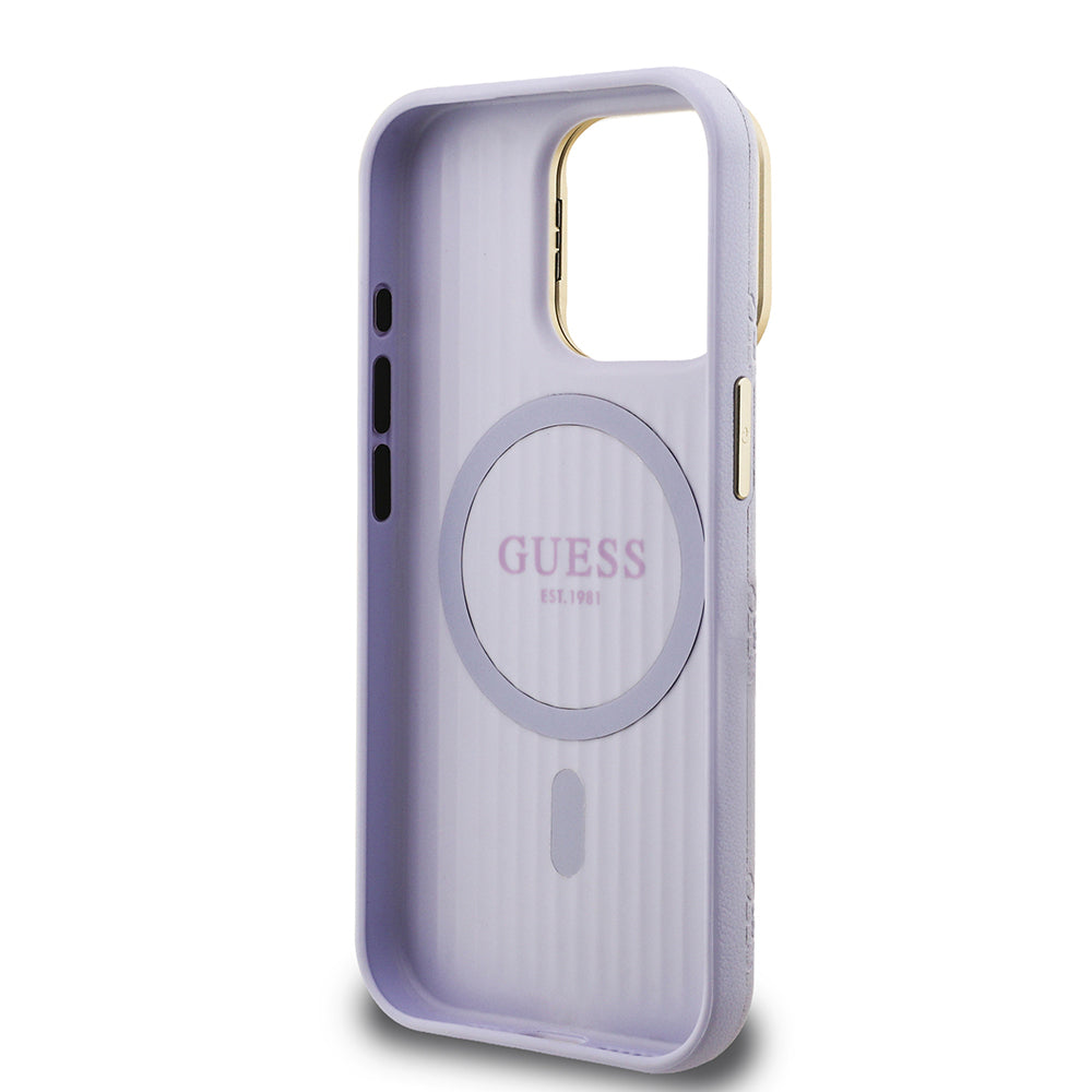iPhone 15 Pro Max Kılıf Guess Orjinal Lisanslı M-safe Şarj Özellikli Sıcak Baskılı Yazı Logolu Kamera Standlı PU Deri Peony Kapak