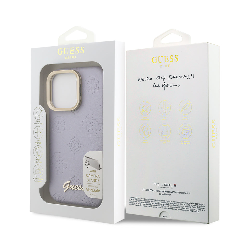 iPhone 15 Pro Max Kılıf Guess Orjinal Lisanslı M-safe Şarj Özellikli Sıcak Baskılı Yazı Logolu Kamera Standlı PU Deri Peony Kapak