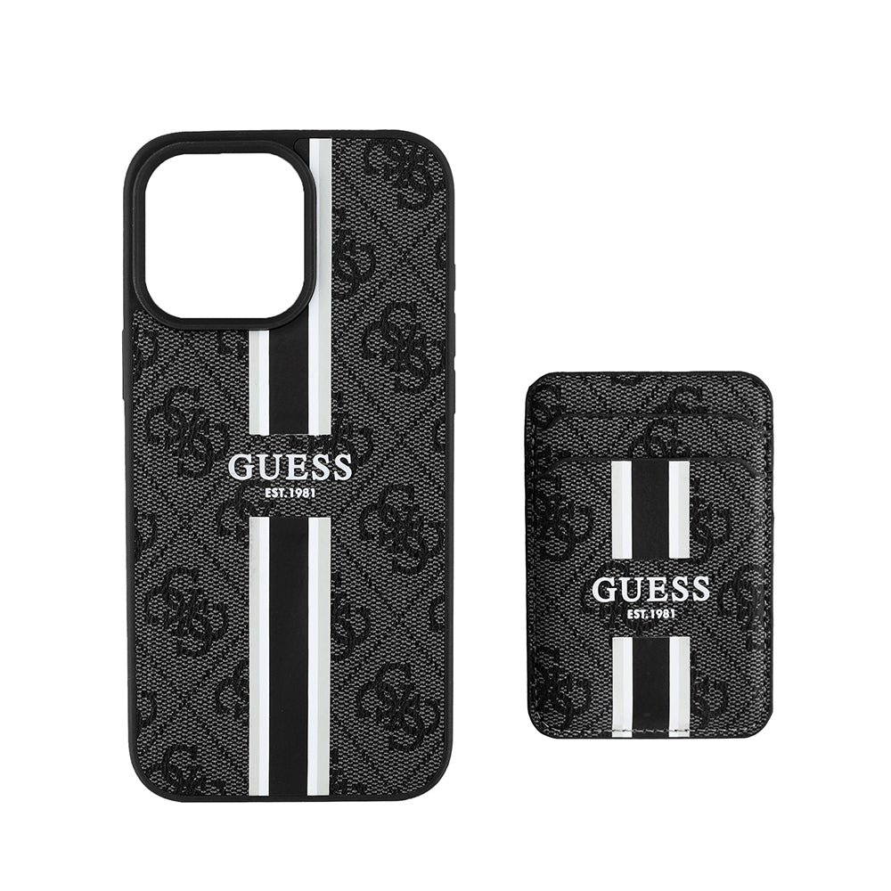 iPhone 15 Pro Max Kılıf Guess Orjinal Lisanslı M-safe Şarj Özellikli 4G Desenli Çizgili Kartlıklı Kapak