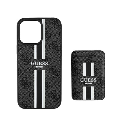 iPhone 15 Pro Max Kılıf Guess Orjinal Lisanslı M-safe Şarj Özellikli 4G Desenli Çizgili Kartlıklı Kapak
