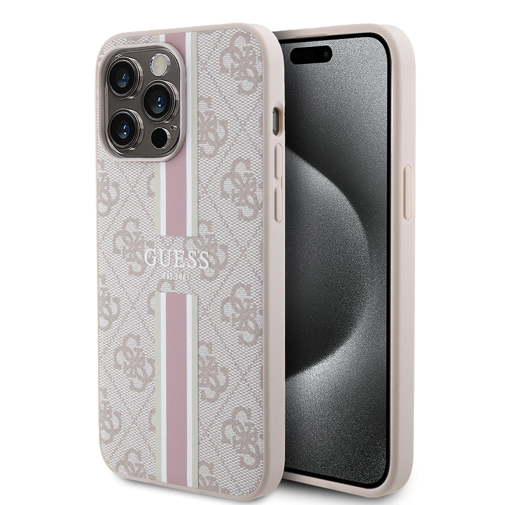iPhone 15 Pro Max Kılıf Guess Orjinal Lisanslı M-safe Şarj Özellikli 4G Şerit Tasarımlı Printed Kapak