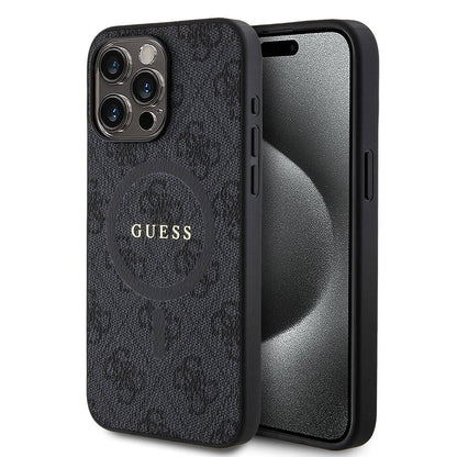 iPhone 15 Pro Max Kılıf Guess Orjinal Lisanslı M-safe Şarj Özellikli PU Halkalı 4G Desenli Yazı Logolu Kapak
