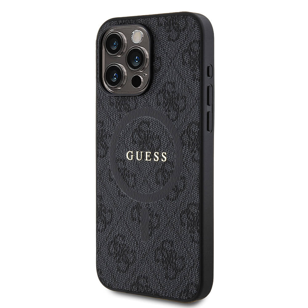 iPhone 15 Pro Max Kılıf Guess Orjinal Lisanslı M-safe Şarj Özellikli PU Halkalı 4G Desenli Yazı Logolu Kapak