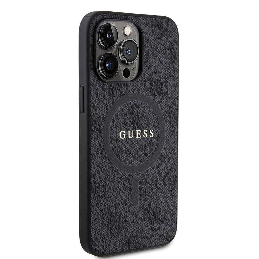 iPhone 15 Pro Max Kılıf Guess Orjinal Lisanslı M-safe Şarj Özellikli PU Halkalı 4G Desenli Yazı Logolu Kapak