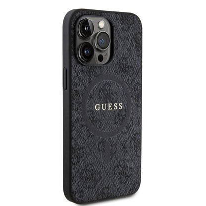 iPhone 15 Pro Max Kılıf Guess Orjinal Lisanslı M-safe Şarj Özellikli PU Halkalı 4G Desenli Yazı Logolu Kapak