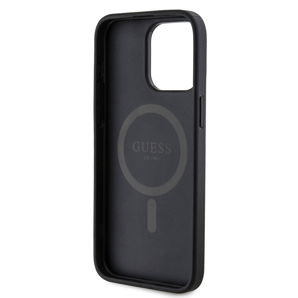 iPhone 15 Pro Max Kılıf Guess Orjinal Lisanslı M-safe Şarj Özellikli PU Halkalı 4G Desenli Yazı Logolu Kapak