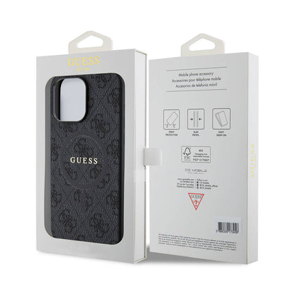 iPhone 15 Pro Max Kılıf Guess Orjinal Lisanslı M-safe Şarj Özellikli PU Halkalı 4G Desenli Yazı Logolu Kapak