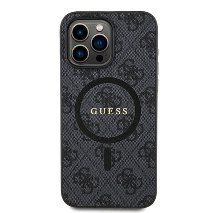 iPhone 15 Pro Max Kılıf Guess Orjinal Lisanslı M-safe Şarj Özellikli PU Halkalı 4G Desenli Yazı Logolu Kapak