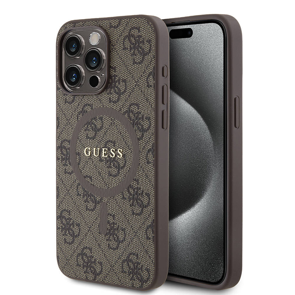 iPhone 15 Pro Max Kılıf Guess Orjinal Lisanslı M-safe Şarj Özellikli PU Halkalı 4G Desenli Yazı Logolu Kapak