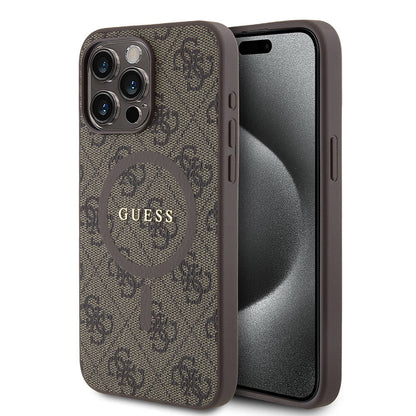 iPhone 15 Pro Max Kılıf Guess Orjinal Lisanslı M-safe Şarj Özellikli PU Halkalı 4G Desenli Yazı Logolu Kapak