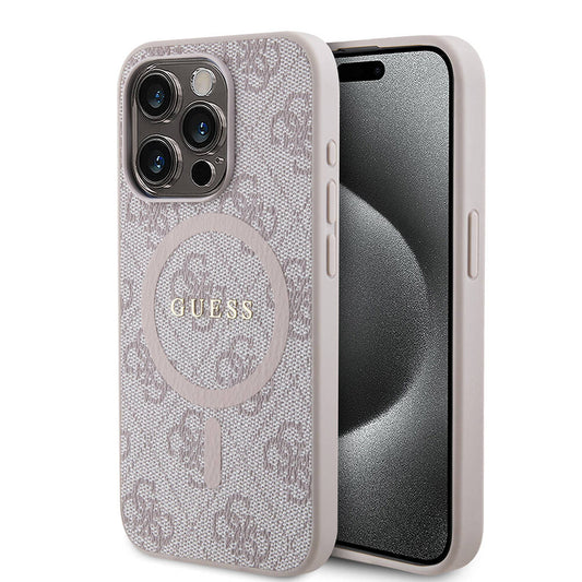 iPhone 15 Pro Max Kılıf Guess Orjinal Lisanslı M-safe Şarj Özellikli PU Halkalı 4G Desenli Yazı Logolu Kapak