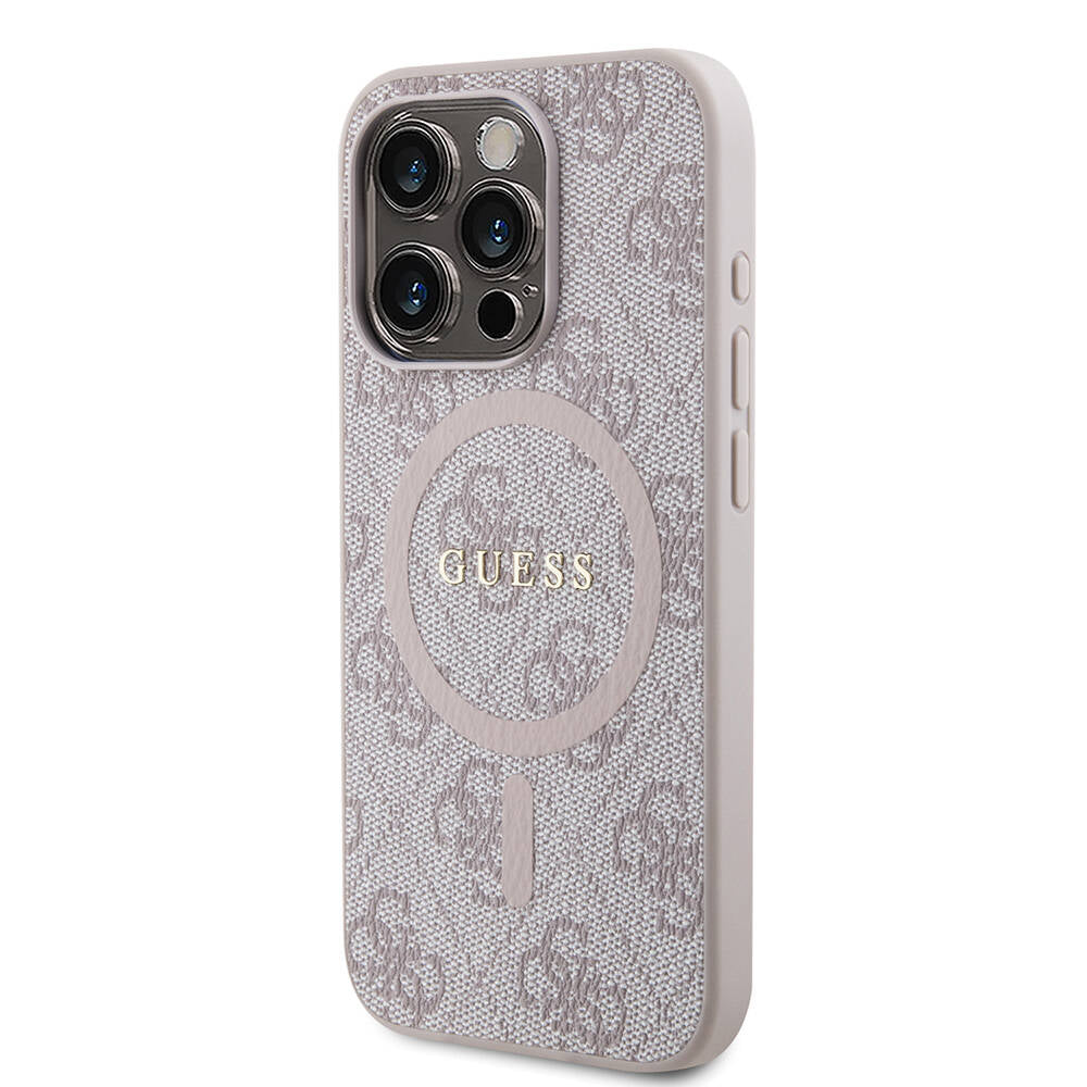 iPhone 15 Pro Max Kılıf Guess Orjinal Lisanslı M-safe Şarj Özellikli PU Halkalı 4G Desenli Yazı Logolu Kapak