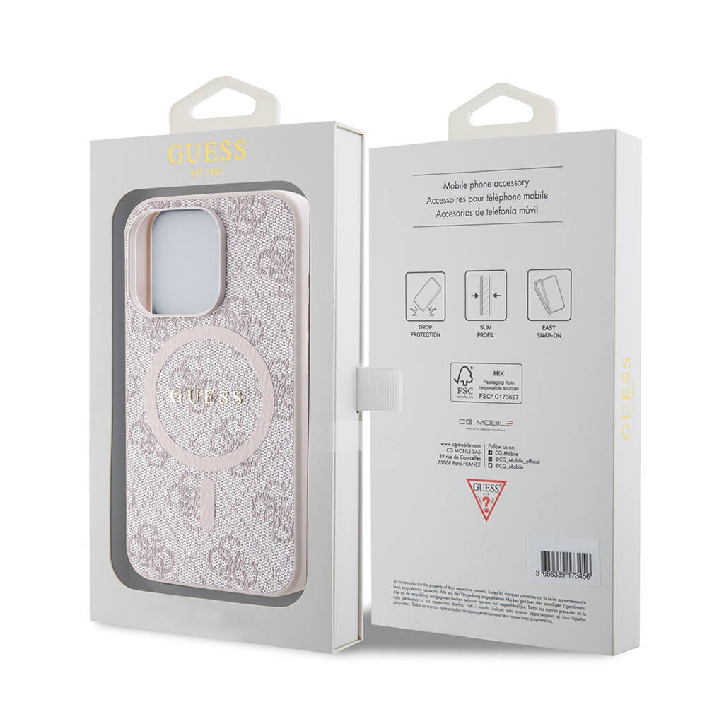 iPhone 15 Pro Max Kılıf Guess Orjinal Lisanslı M-safe Şarj Özellikli PU Halkalı 4G Desenli Yazı Logolu Kapak