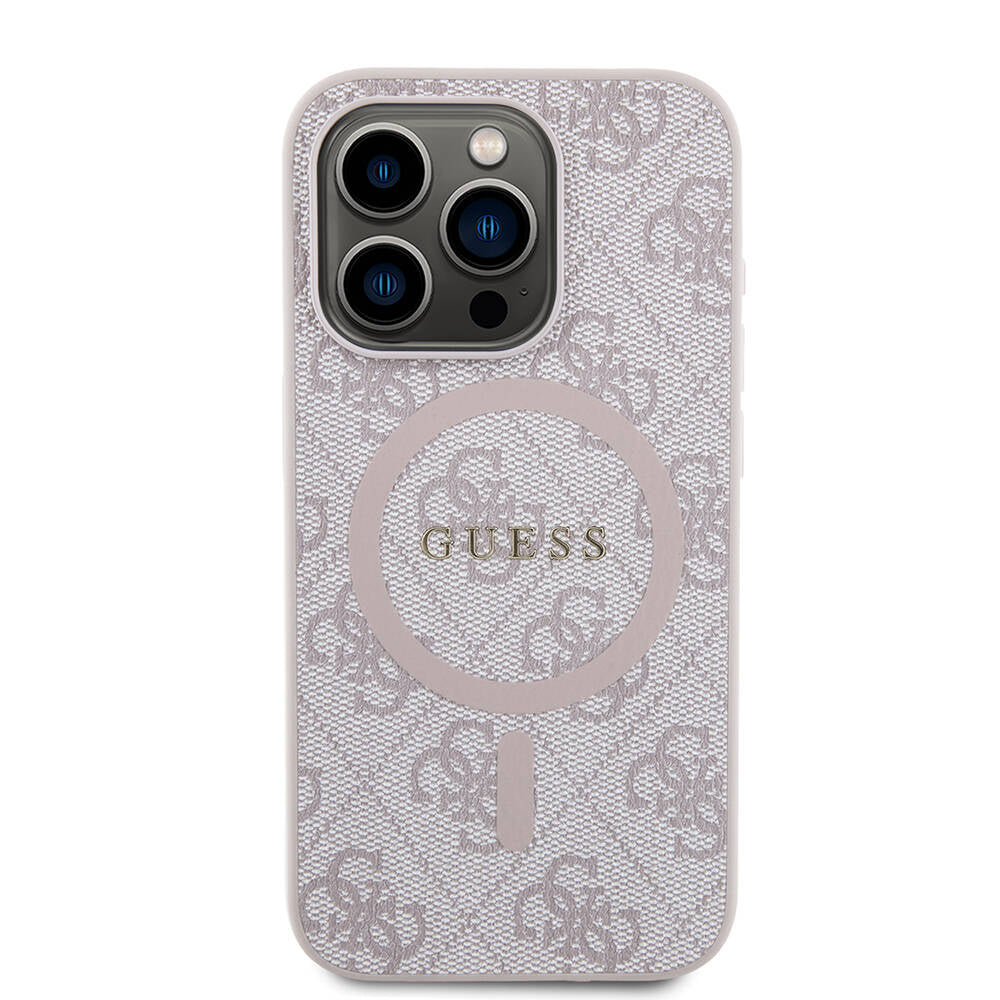 iPhone 15 Pro Max Kılıf Guess Orjinal Lisanslı M-safe Şarj Özellikli PU Halkalı 4G Desenli Yazı Logolu Kapak