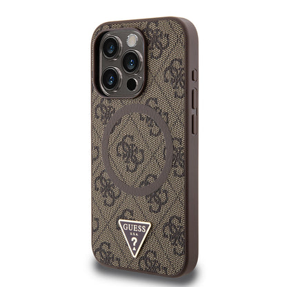 iPhone 15 Pro Max Kılıf Guess Orjinal Lisanslı M-safe Şarj Özellikli PU Üçgen Logo 4G Desenli Kapak