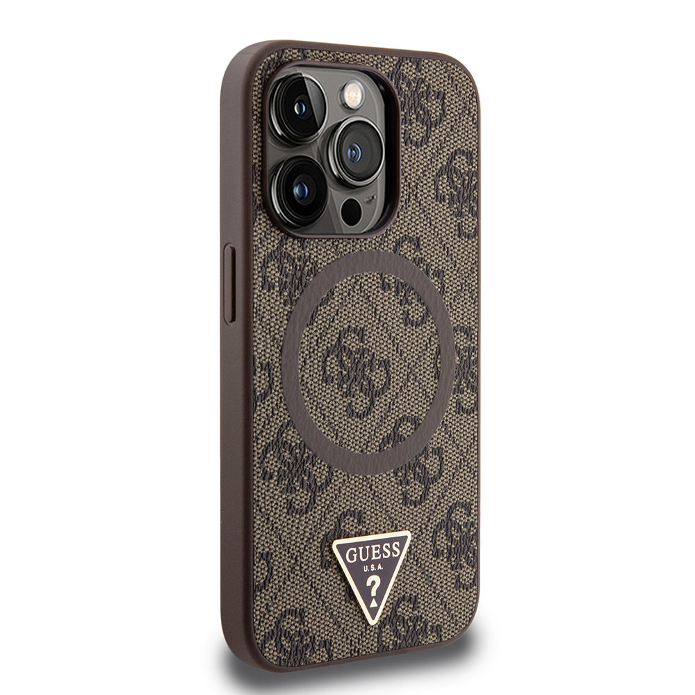 iPhone 15 Pro Max Kılıf Guess Orjinal Lisanslı M-safe Şarj Özellikli PU Üçgen Logo 4G Desenli Kapak