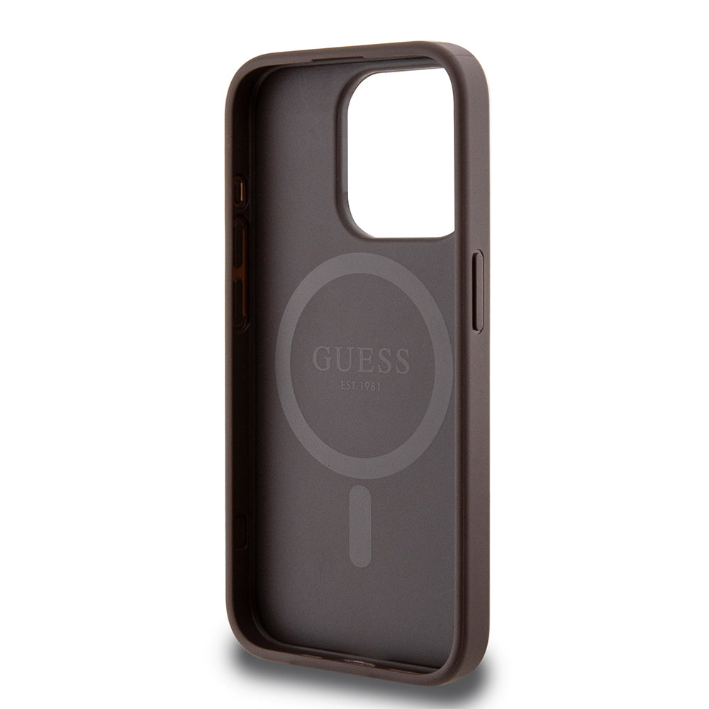 iPhone 15 Pro Max Kılıf Guess Orjinal Lisanslı M-safe Şarj Özellikli PU Üçgen Logo 4G Desenli Kapak