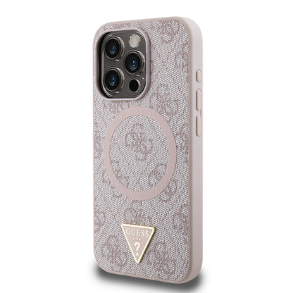 iPhone 15 Pro Max Kılıf Guess Orjinal Lisanslı M-safe Şarj Özellikli PU Üçgen Logo 4G Desenli Kapak