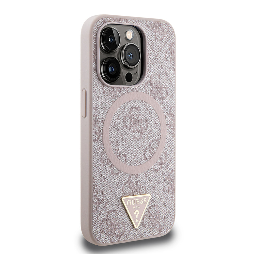 iPhone 15 Pro Max Kılıf Guess Orjinal Lisanslı M-safe Şarj Özellikli PU Üçgen Logo 4G Desenli Kapak