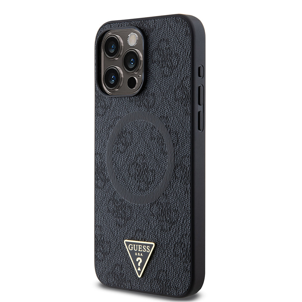 iPhone 15 Pro Max Kılıf Guess Orjinal Lisanslı M-safe Şarj Özellikli PU Üçgen Logo 4G Desenli Kapak