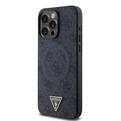 iPhone 15 Pro Max Kılıf Guess Orjinal Lisanslı M-safe Şarj Özellikli PU Üçgen Logo 4G Desenli Kapak