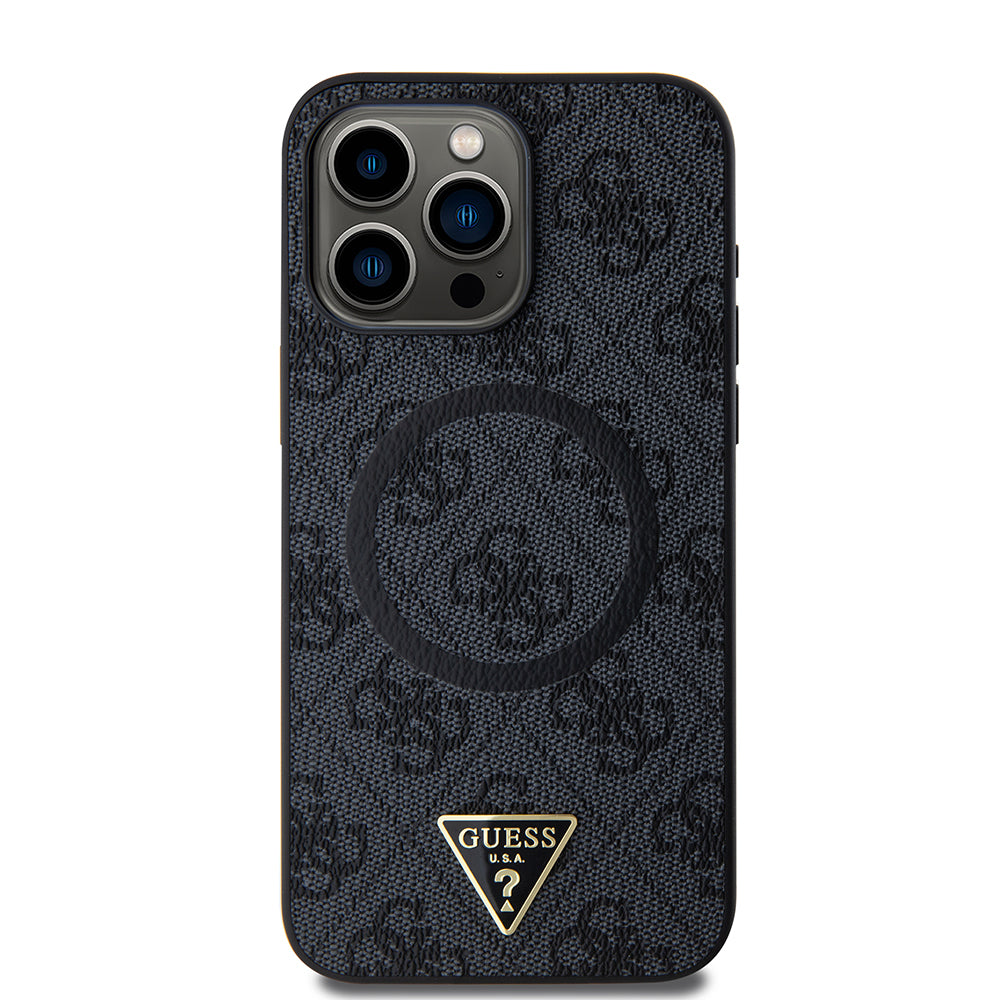 iPhone 15 Pro Max Kılıf Guess Orjinal Lisanslı M-safe Şarj Özellikli PU Üçgen Logo 4G Desenli Kapak