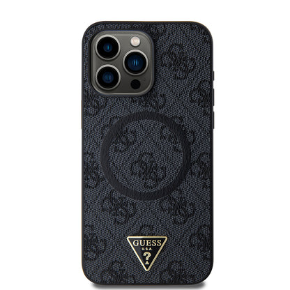 iPhone 15 Pro Max Kılıf Guess Orjinal Lisanslı M-safe Şarj Özellikli PU Üçgen Logo 4G Desenli Kapak