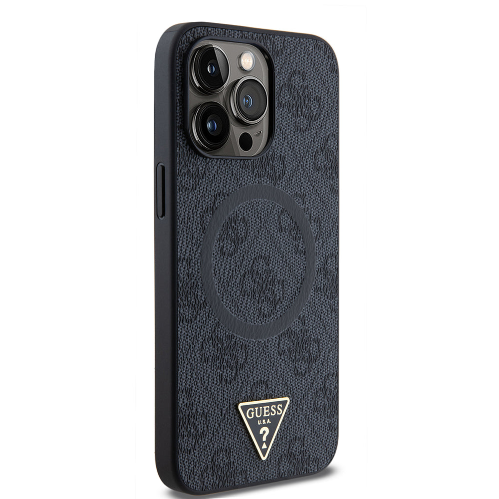 iPhone 15 Pro Max Kılıf Guess Orjinal Lisanslı M-safe Şarj Özellikli PU Üçgen Logo 4G Desenli Kapak
