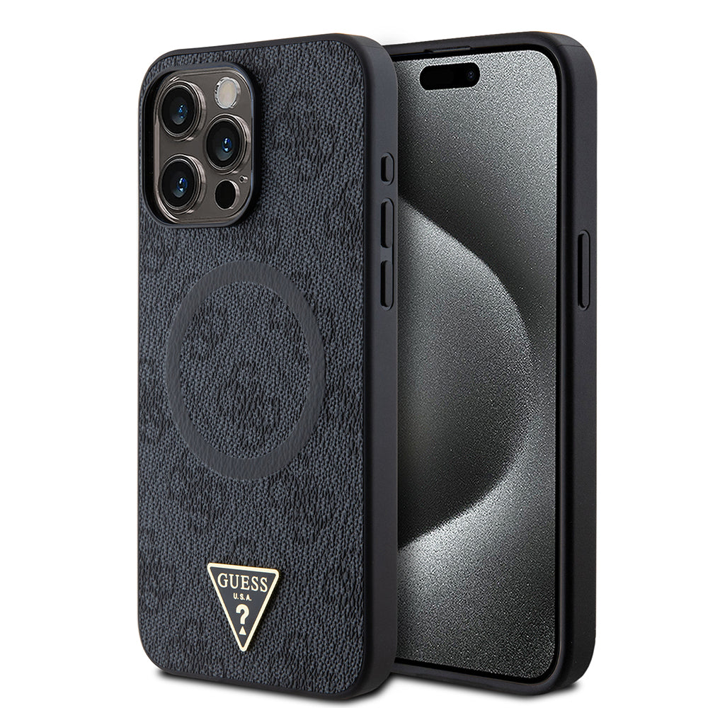 iPhone 15 Pro Max Kılıf Guess Orjinal Lisanslı M-safe Şarj Özellikli PU Üçgen Logo 4G Desenli Kapak