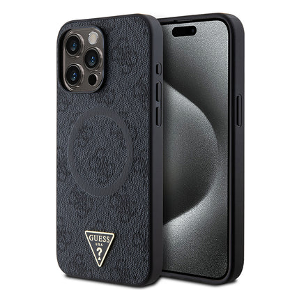 iPhone 15 Pro Max Kılıf Guess Orjinal Lisanslı M-safe Şarj Özellikli PU Üçgen Logo 4G Desenli Kapak