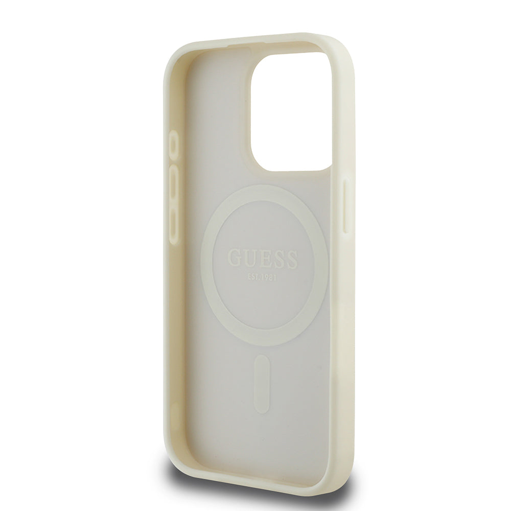 iPhone 15 Pro Max Kılıf Guess Orjinal Lisanslı M-safe Şarj Özellikli Sıcak Baskılı Üçgen Logolu PU Deri Peony Kapak