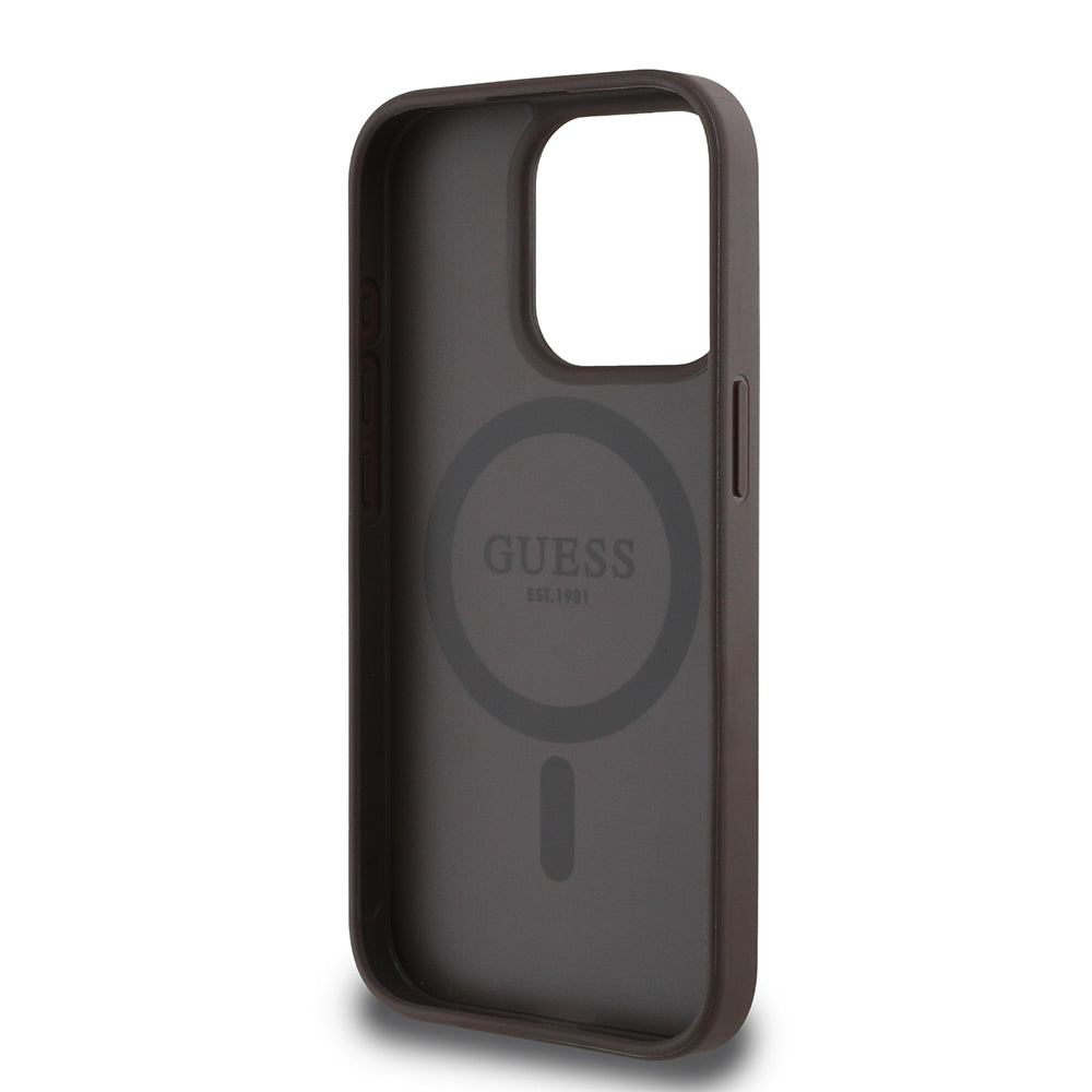 iPhone 15 Pro Max Kılıf Guess Orjinal Lisanslı M-safe Şarj Özellikli Sıcak Baskılı Üçgen Logolu PU Deri Peony Kapak